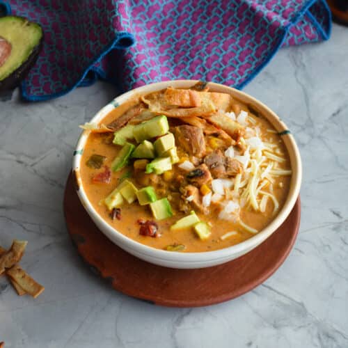 stoneware bowl full of creamy red soup topped with lots of toppings for texture: avocado, tortilla strips, cheese, fresh diced onion, cilantro.